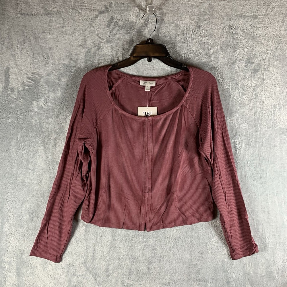 Jenni Women's Top 1X Long Sleeve Cropped Ribbed‎ Hook Closure Plum Plus NWT